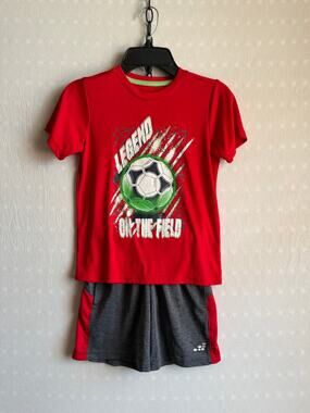 BCG Boys Size 6/7 Soccer Outfit Red Graphic Tee & Gray Athletic Shorts Set